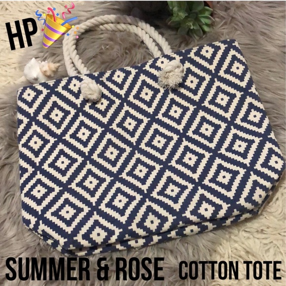 HP🎉Summer & Rose Cotton Tote with Rope Handles-Denim Blue&Cream Print-18x13x5 - Picture 1 of 16